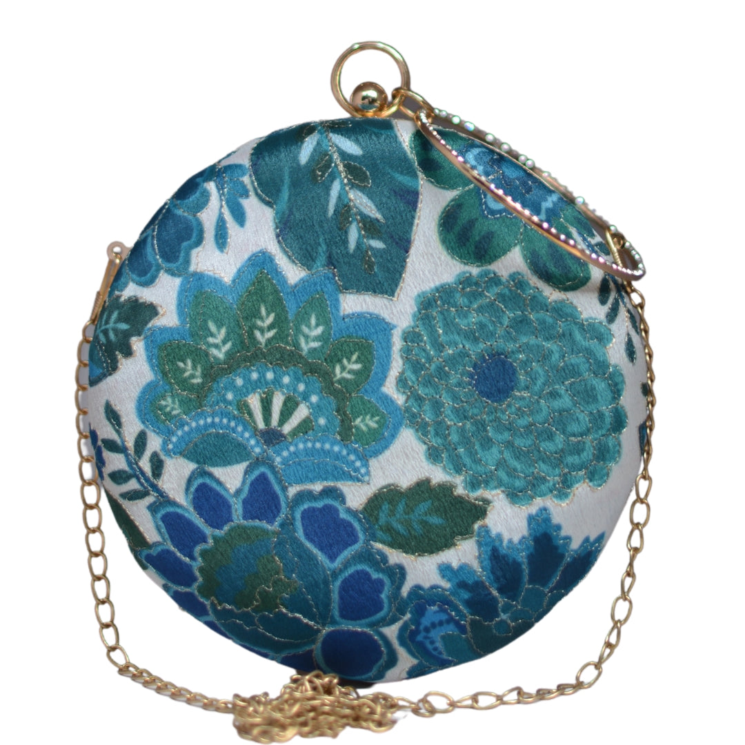 Blue Floral Embroidery Round Clutch