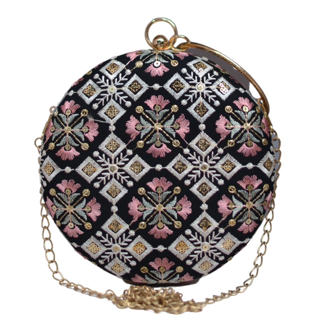 Black And Pink Floral Embroidery Round Clutch