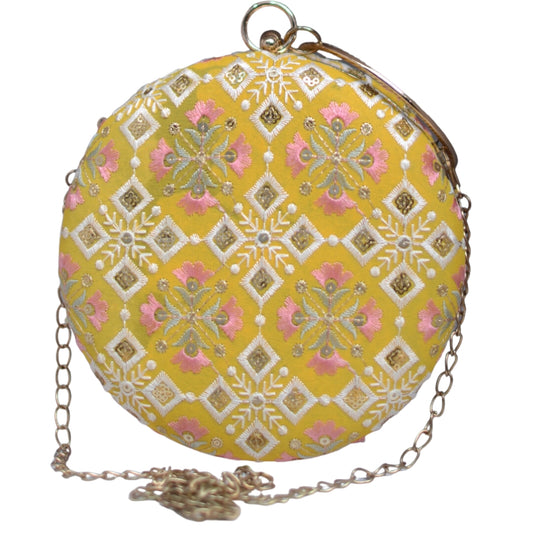 Yellow And Pink Floral Embroidery Round Clutch