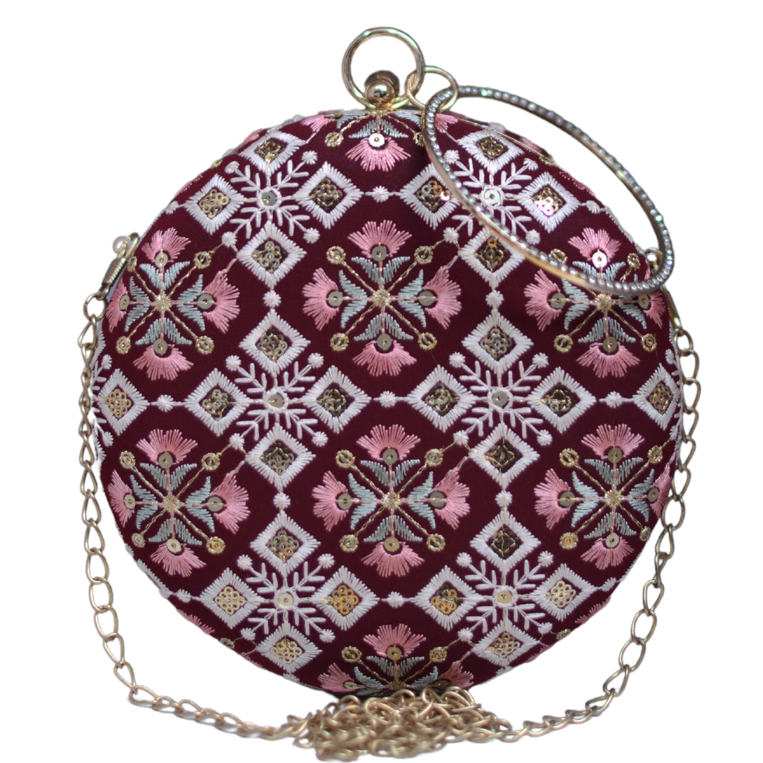 Maroon And Pink Floral Embroidery Round Clutch