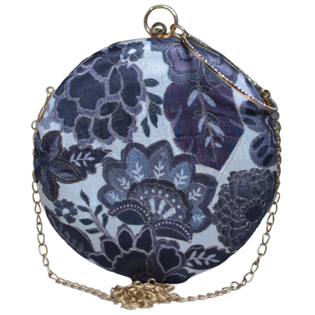 White And Grey Floral Embroidery Round Clutch