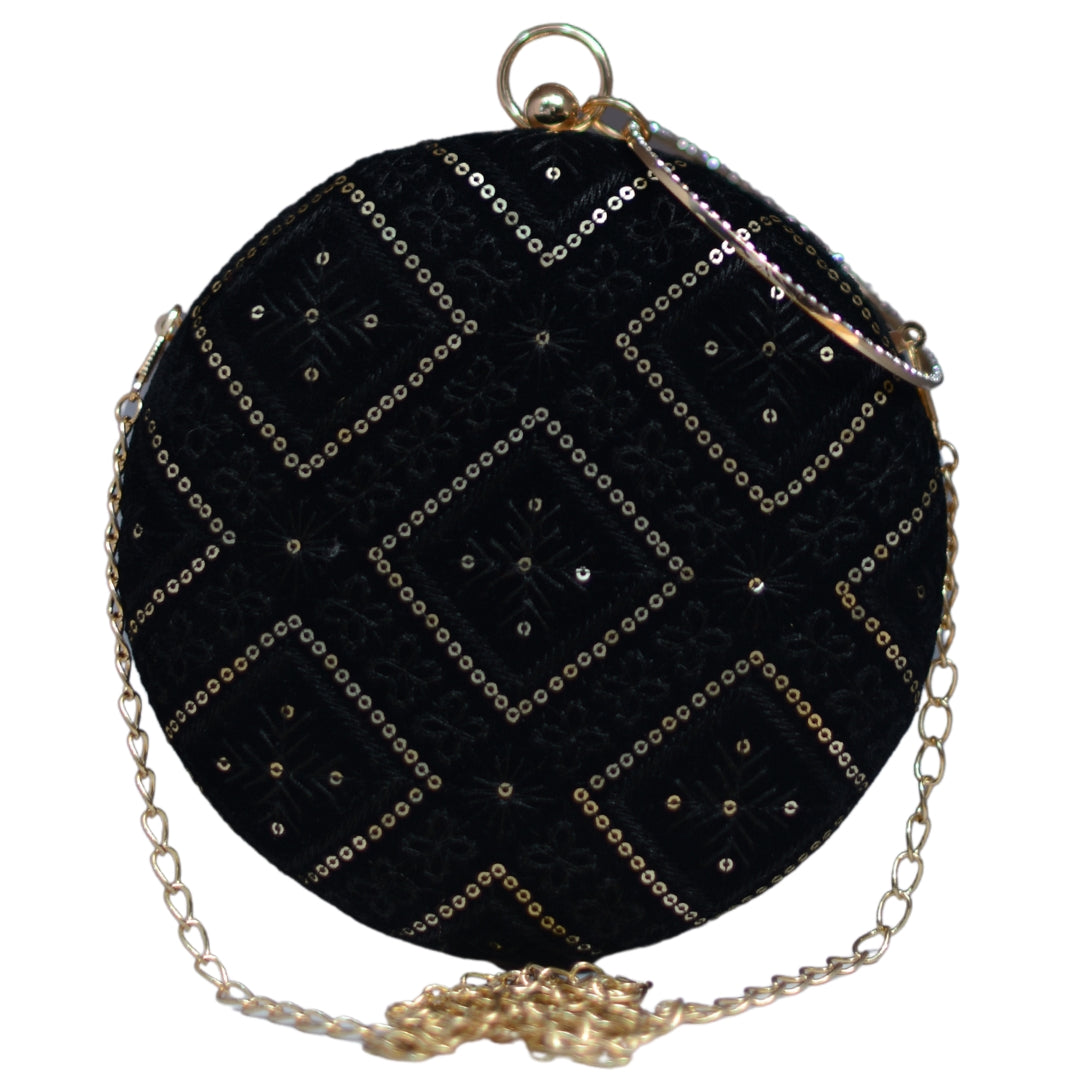 Artklim Black Embroidery Round Party Clutch