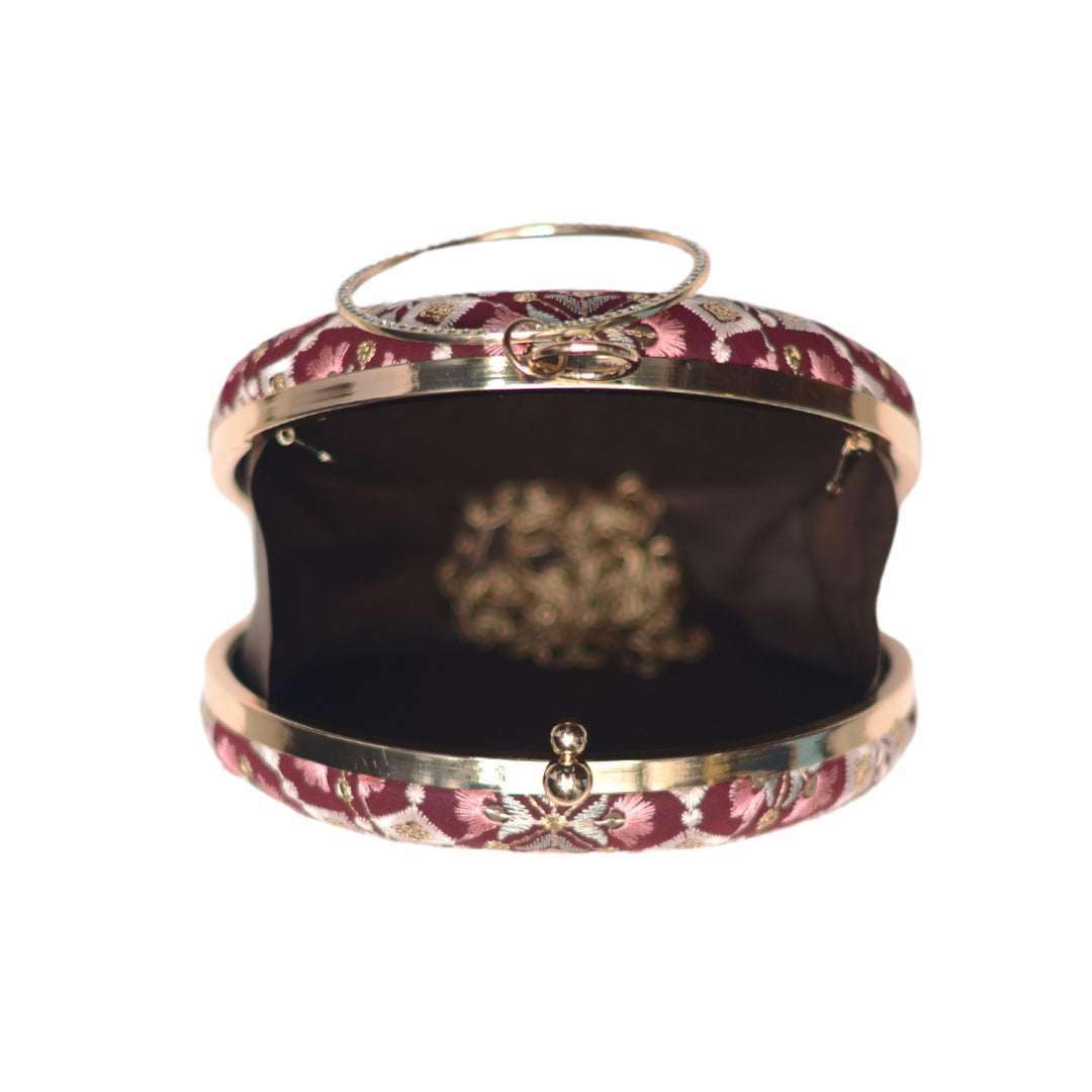 Maroon And Pink Floral Embroidery Round Clutch