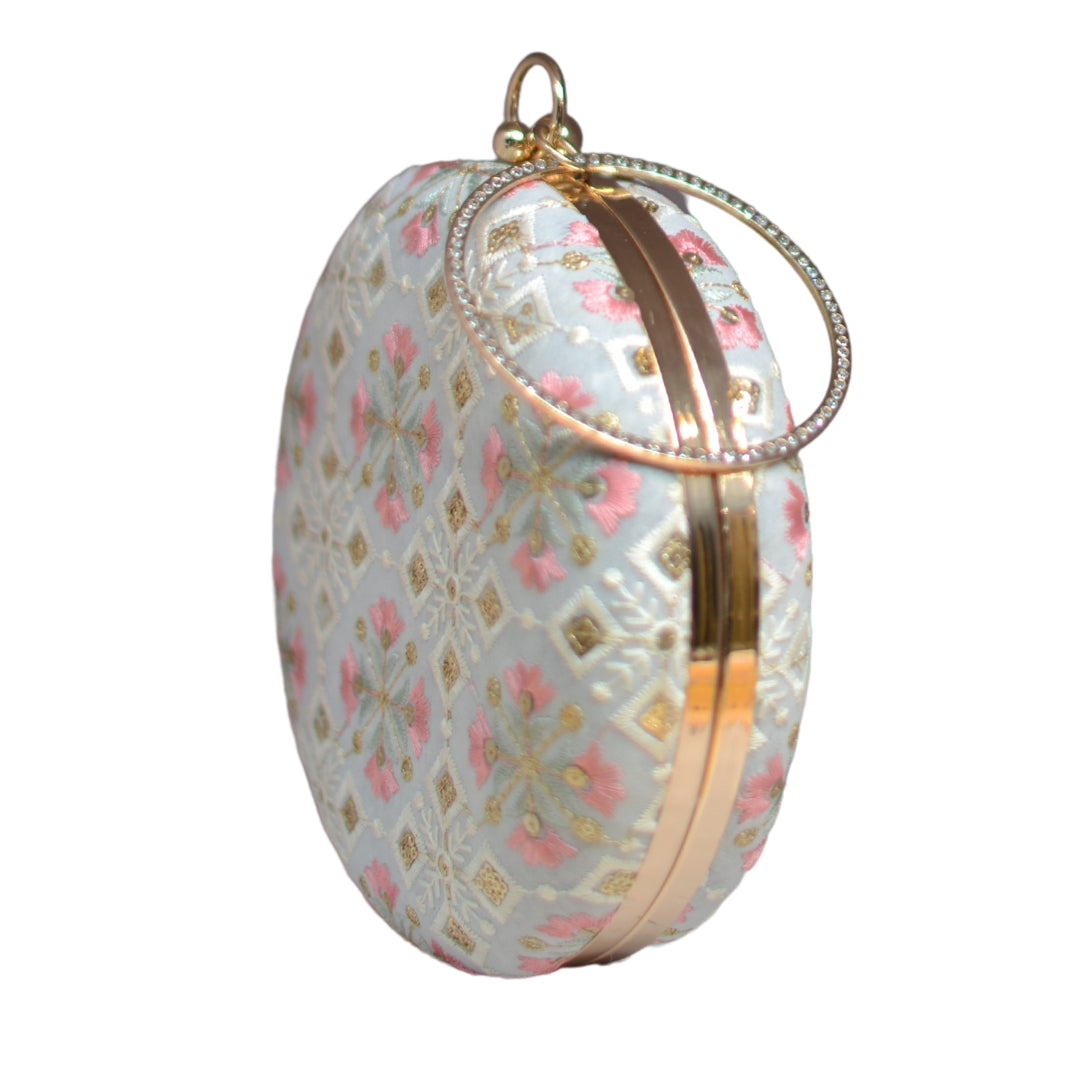 White And Pink Floral Embroidery Round Clutch