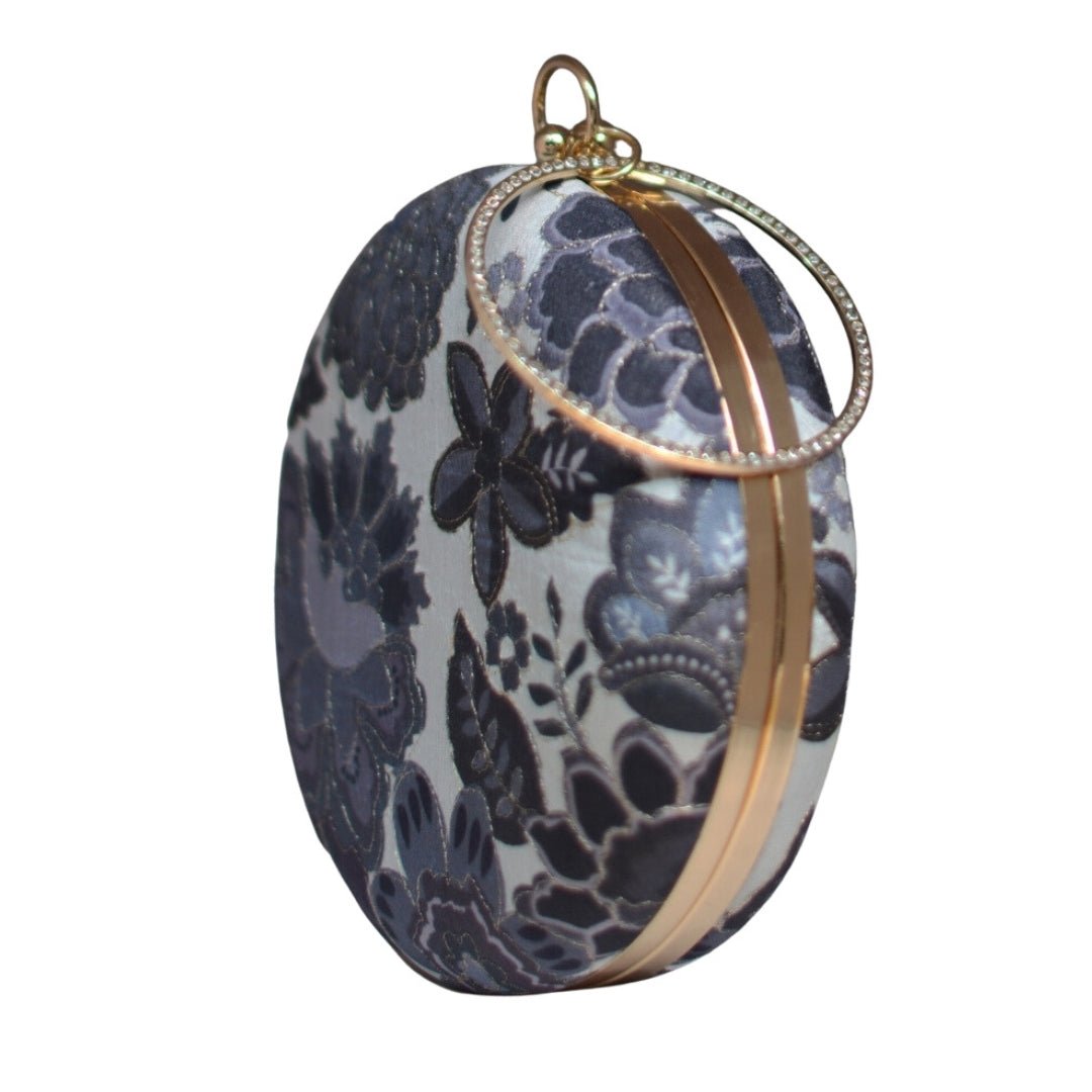 White And Grey Floral Embroidery Round Clutch