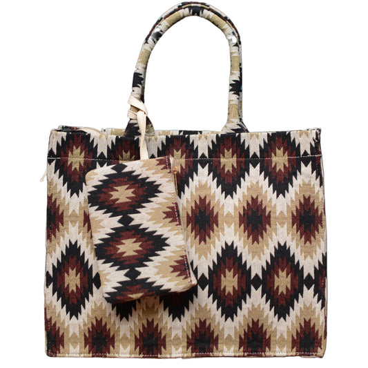 Jacquard Box Style Tote Bag With Utility Pouch