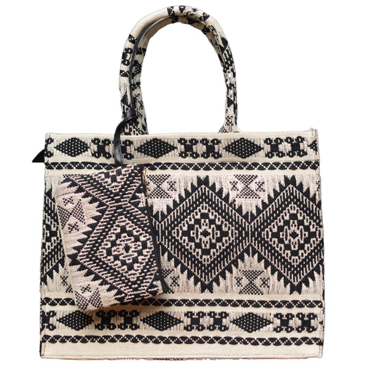 White Based Black Jacquard Design Tote Bag