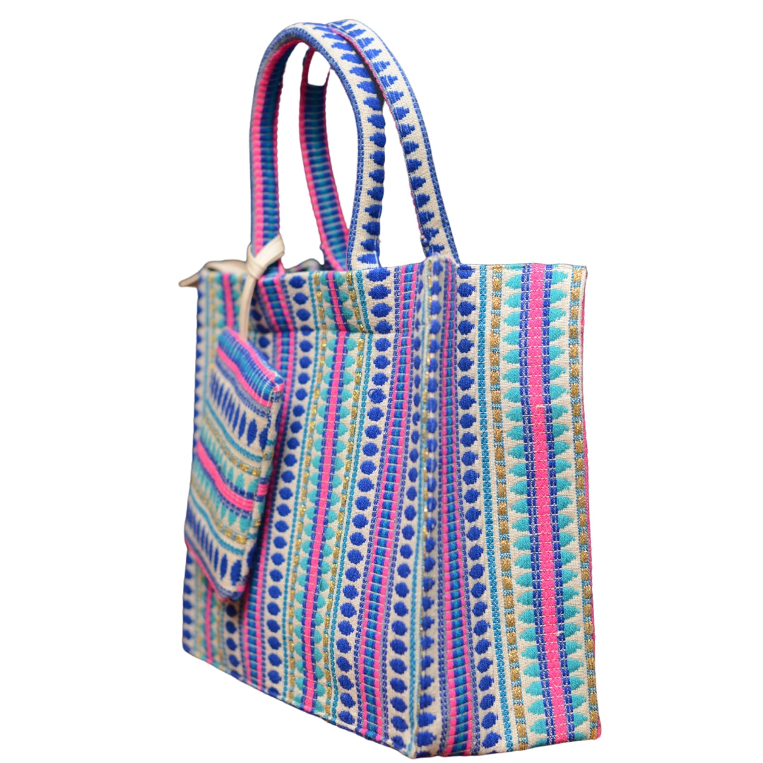 Multicoloured Box Style Tote Bag With A Pouch