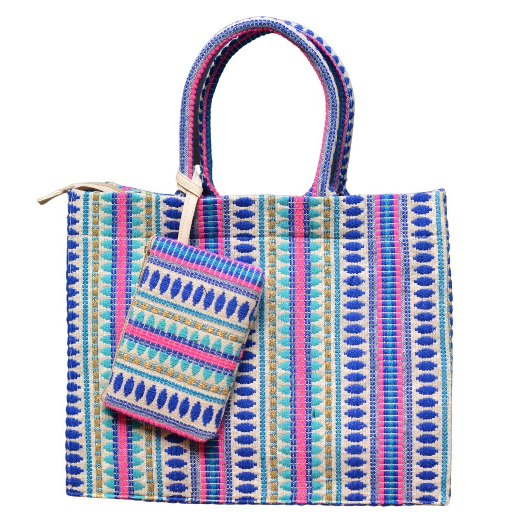 Multicoloured Box Style Tote Bag With A Pouch