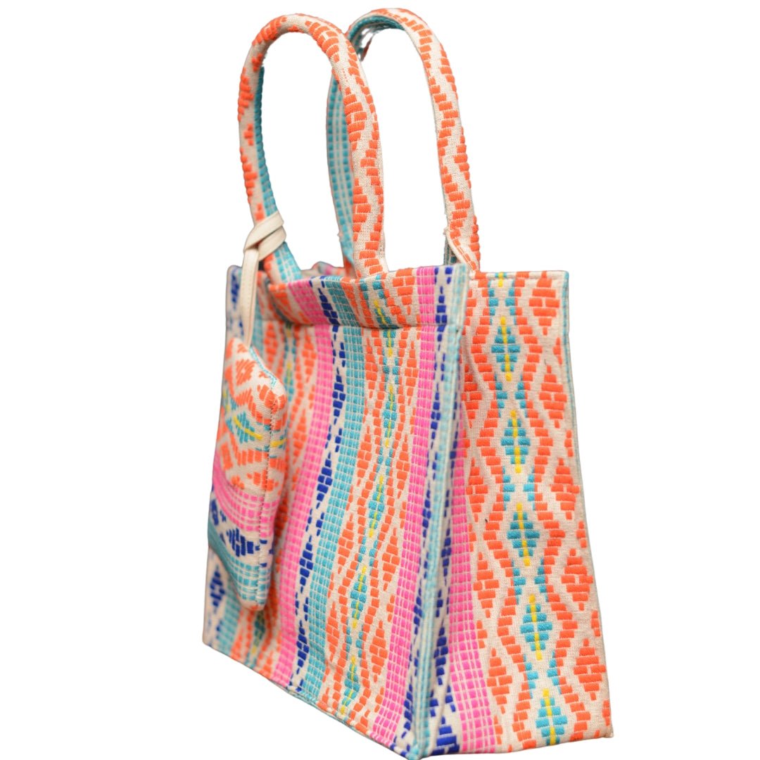 Multicoloured Jacquard Tote Bag With Utility Pouch