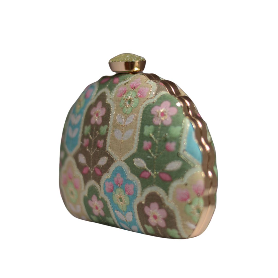 Artklim Green Floral Embroidery D-shape Party Clutch