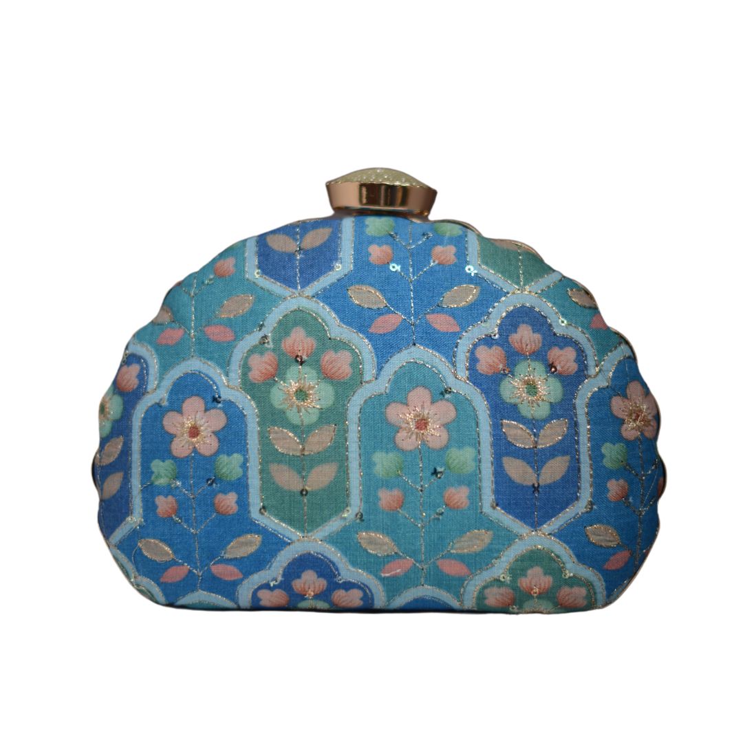 Artklim Blue Floral Embroidery D-shape Clutch