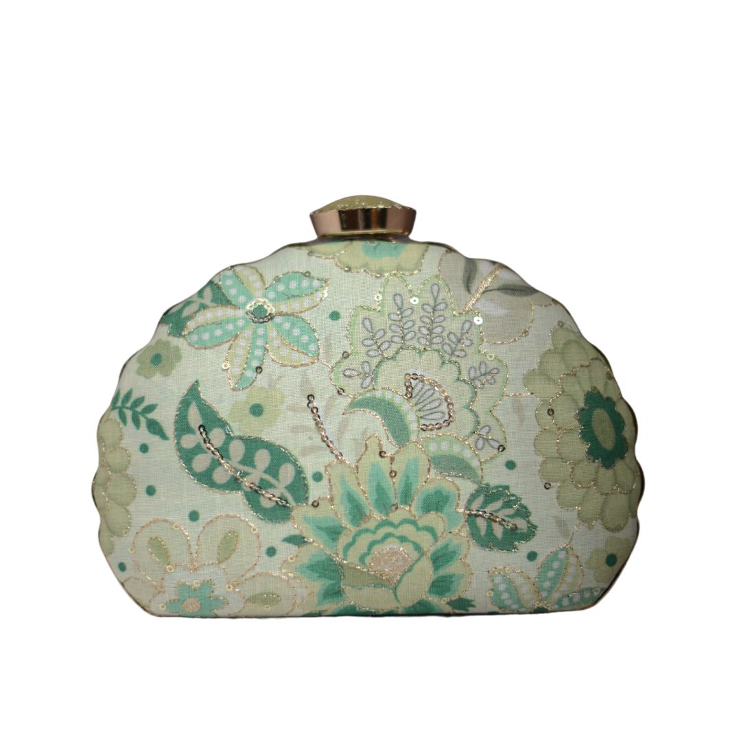 Artklim Pastel Green Floral Embroidery D-shape Clutch