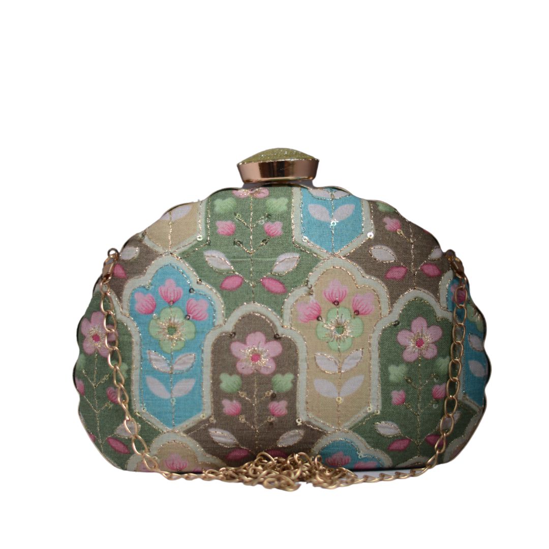 Artklim Green Floral Embroidery D-shape Party Clutch