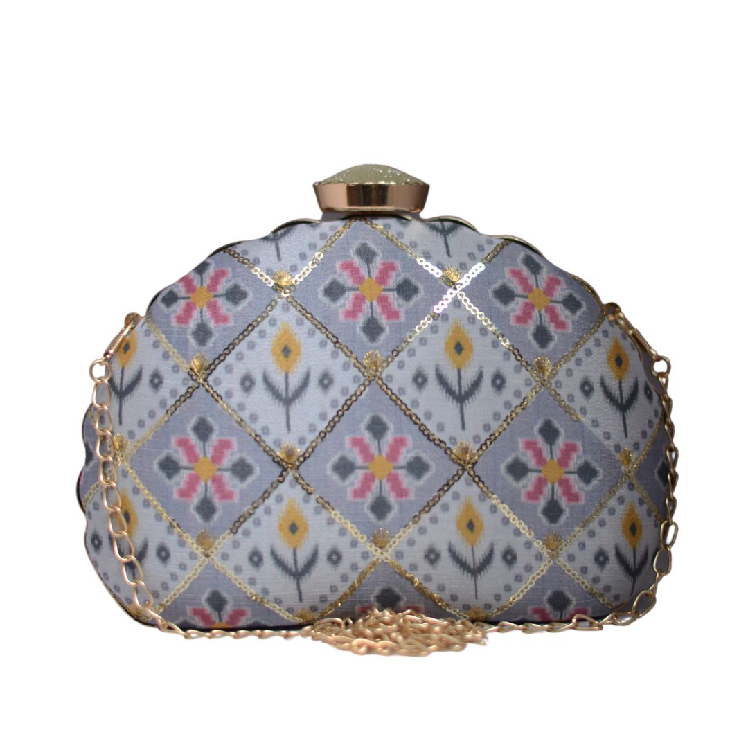 Artklim Grey Sequins Embroidered D-shape Clutch