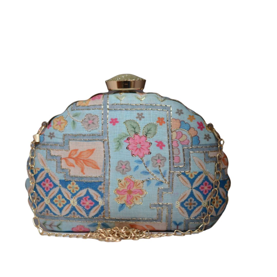 Artklim Pastel Blue Multipattern Embroidery D-shape Clutch