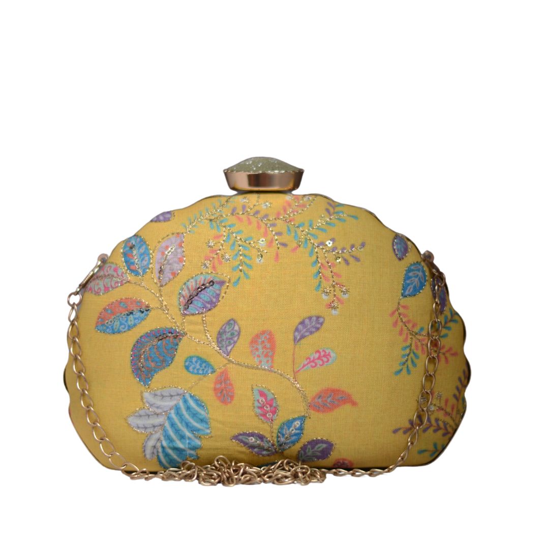 Artklim Yellow Embroidery D-shape Clutch