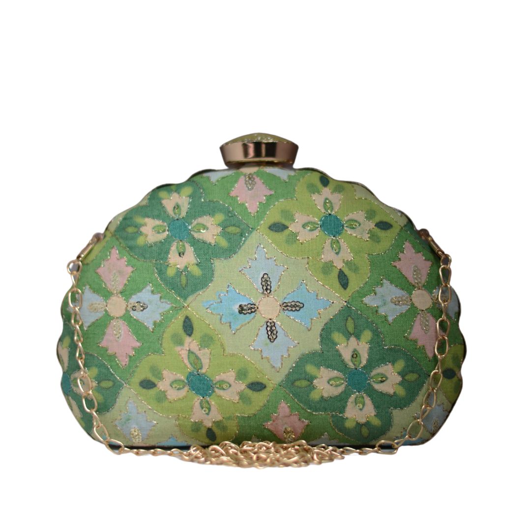 Artklim Green Floral Embroidery D-shape Party Clutch