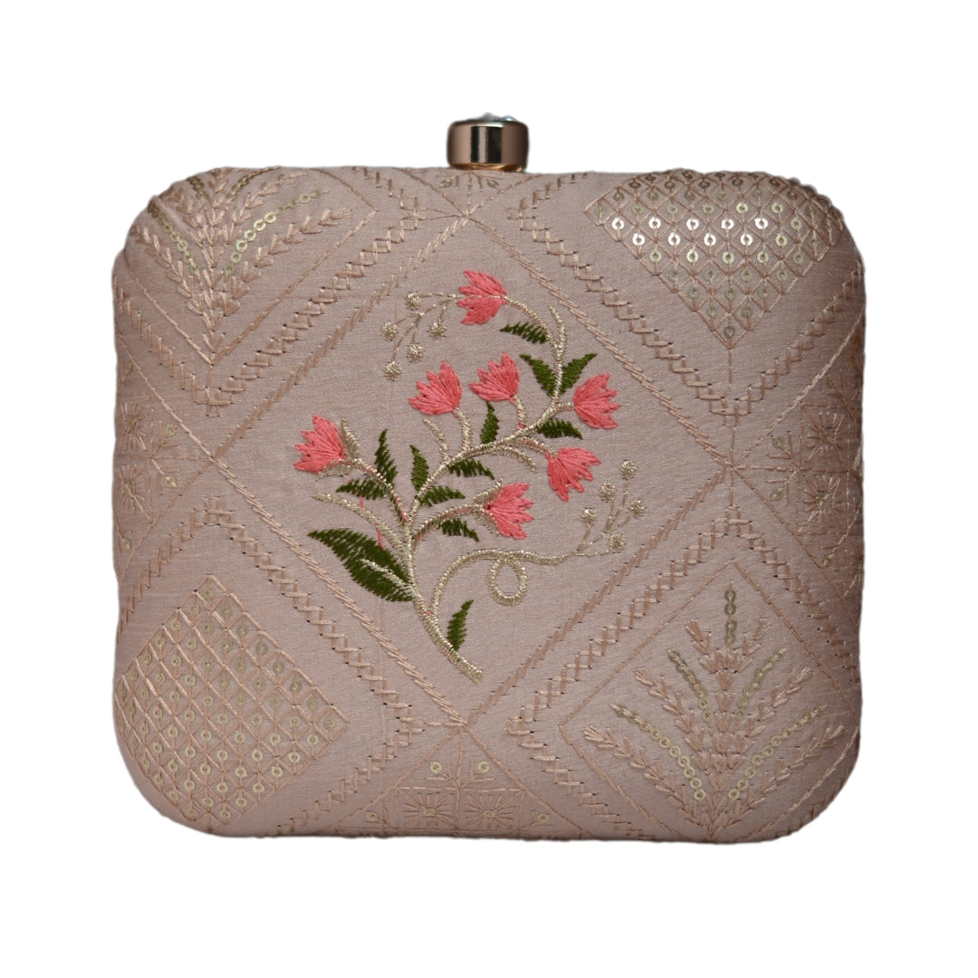 Artklim Pink Floral Embroidery Clutch