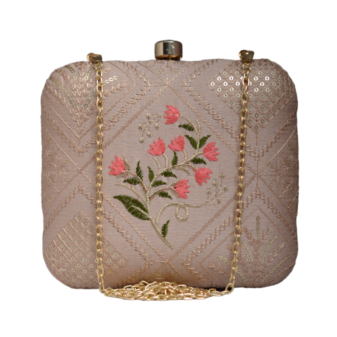 Artklim Pink Floral Embroidery Clutch