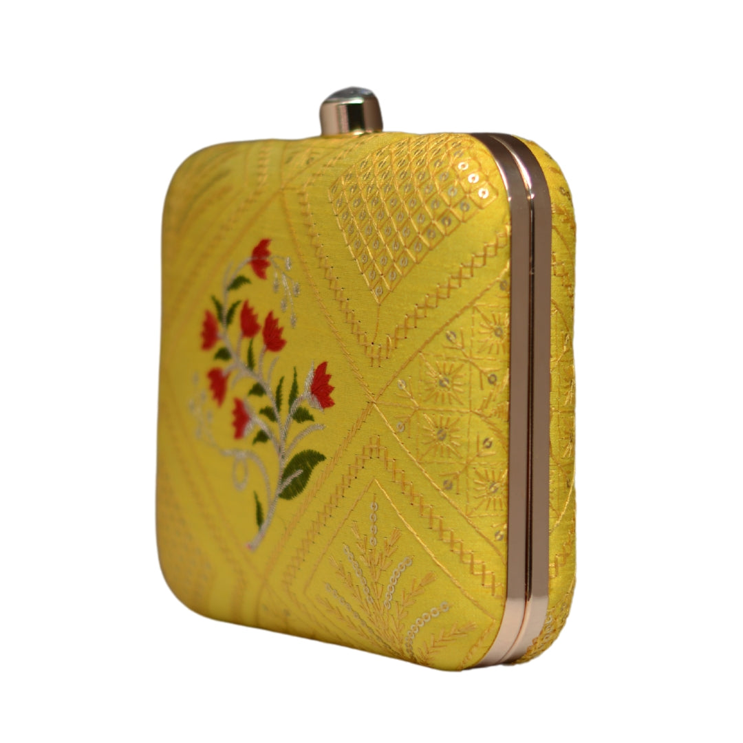 Artklim Yellow And Red Floral Embroidery Clutch
