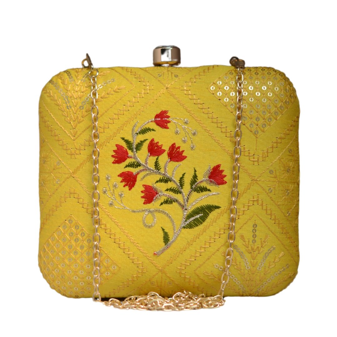 Artklim Yellow And Red Floral Embroidery Clutch