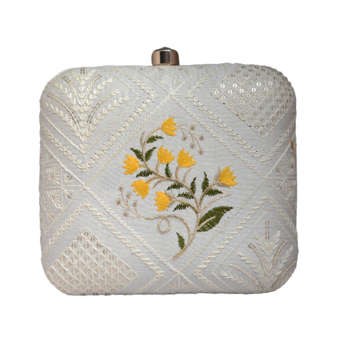 Artklim White And Yellow Floral Embroidery Clutch