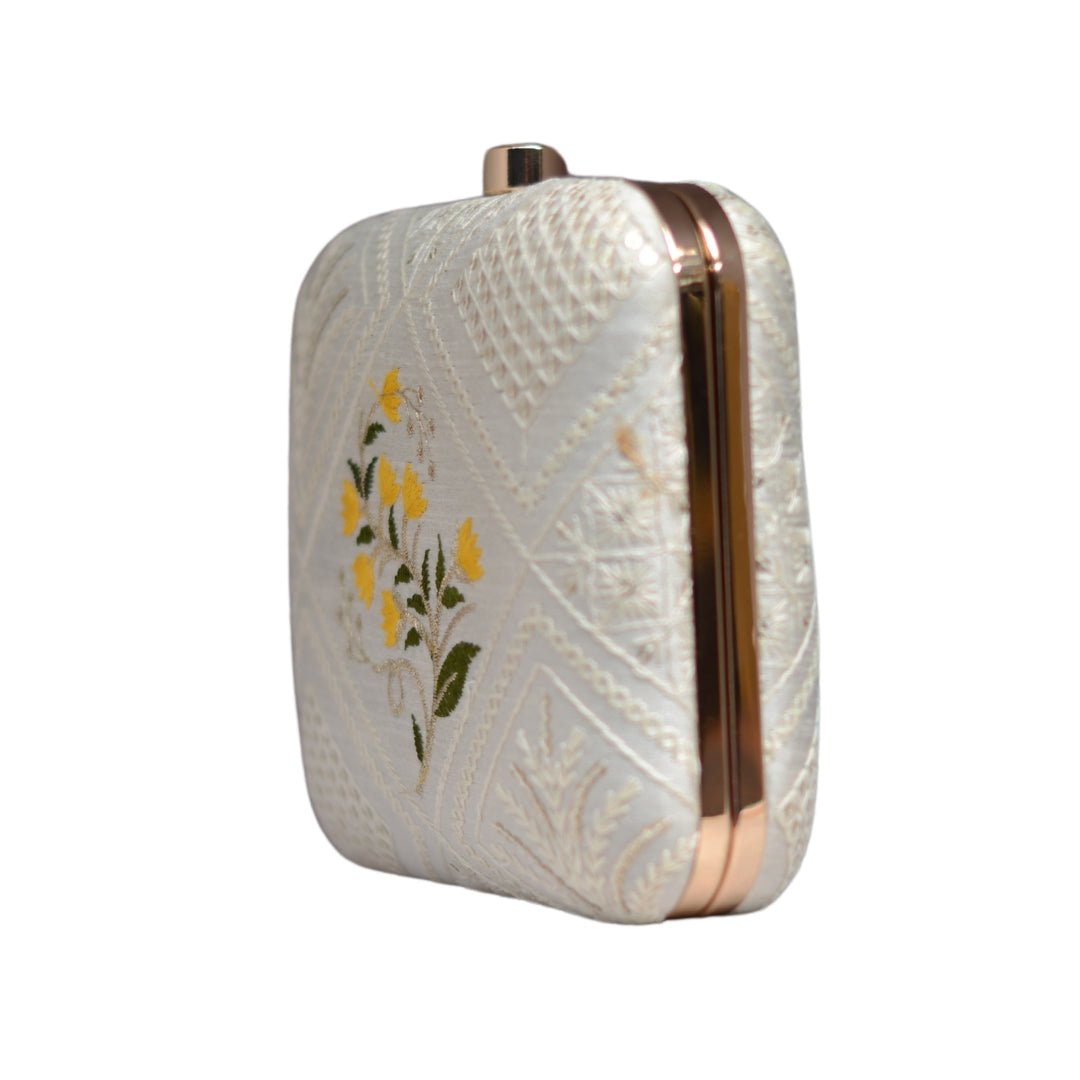 Artklim White And Yellow Floral Embroidery Clutch