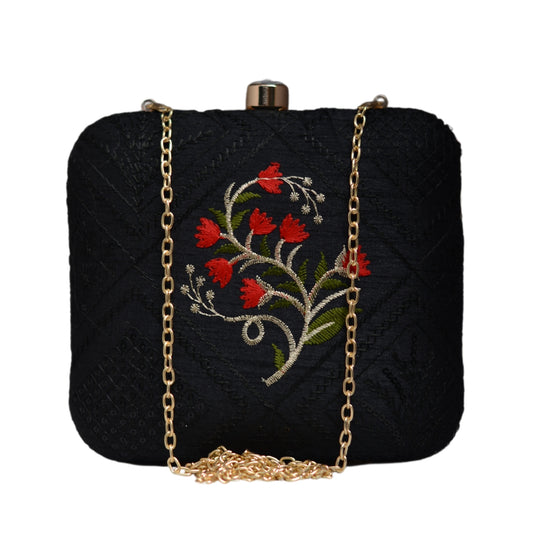 Artklim Black And Red Floral Embroidery Clutch