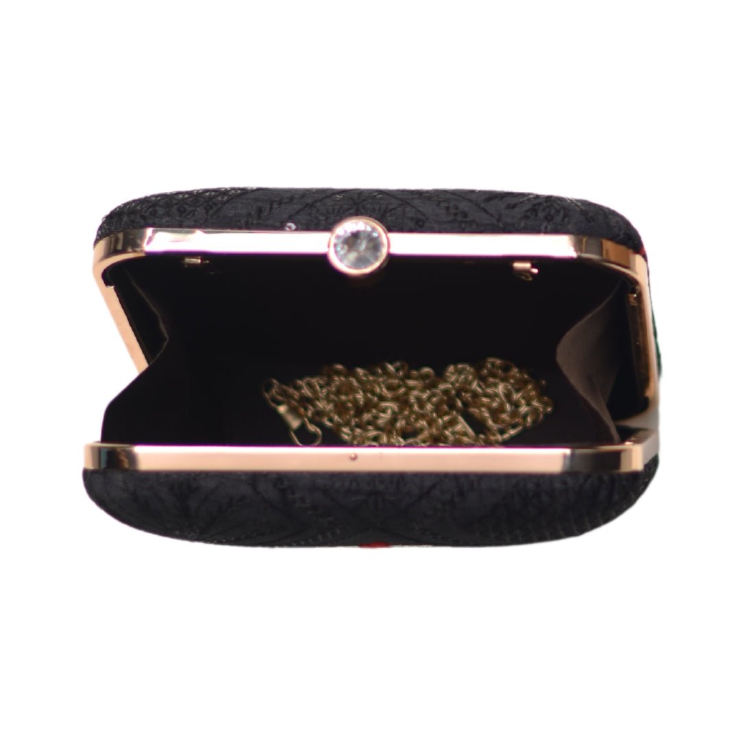 Artklim Black And Red Floral Embroidery Clutch