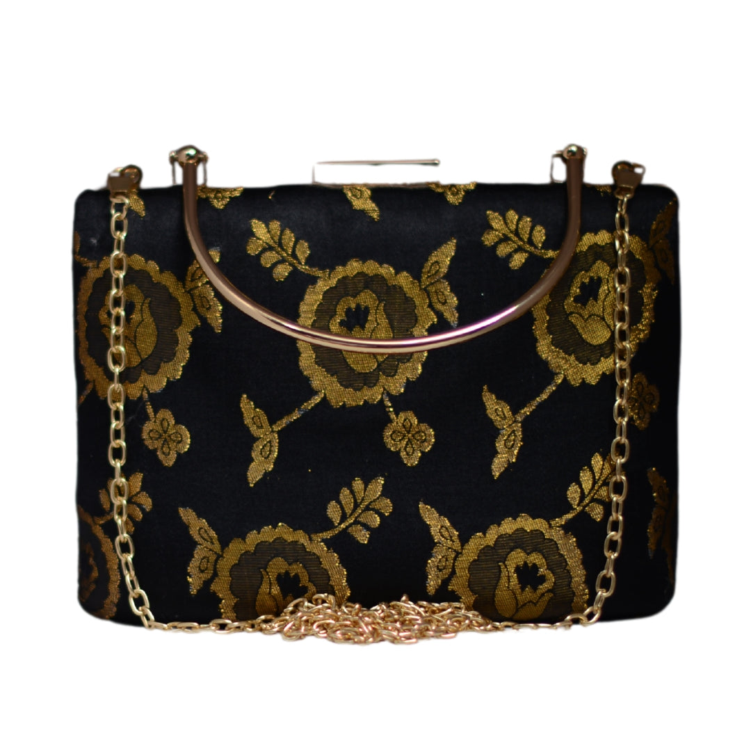 Artklim Black And Golden Floral Party Clutch