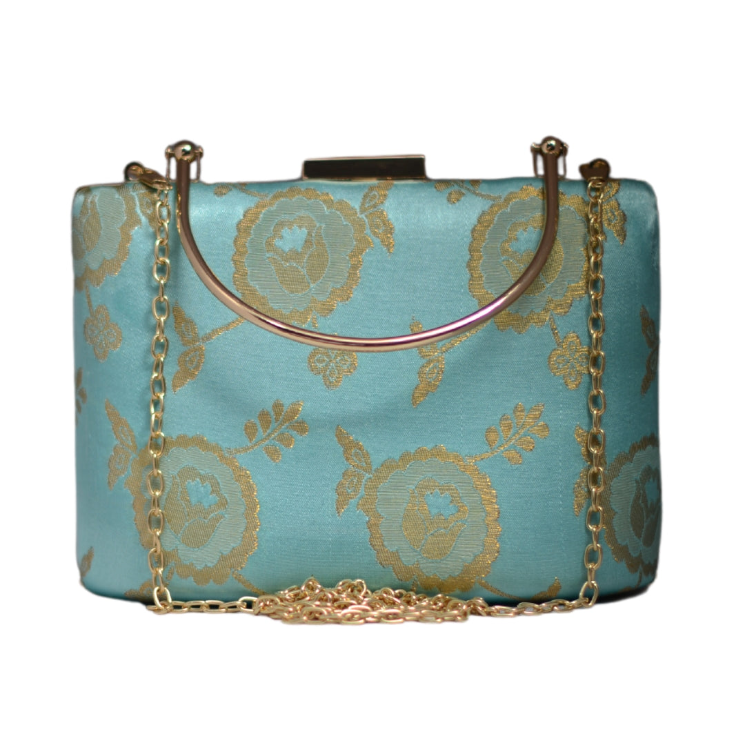 Artklim Blue And Golden Floral Printed Clutch