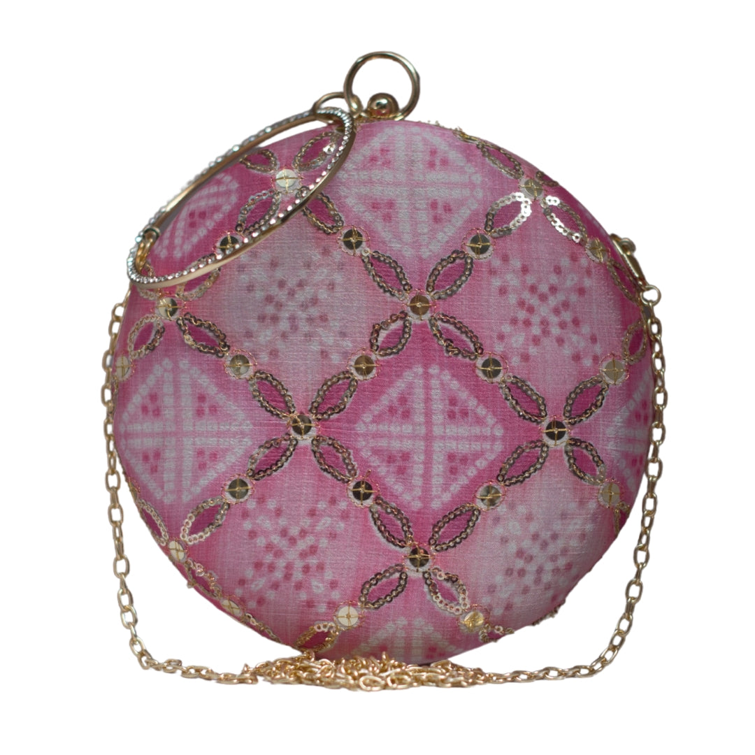 Artklim Pink And Golden Sequins Round Party Clutch