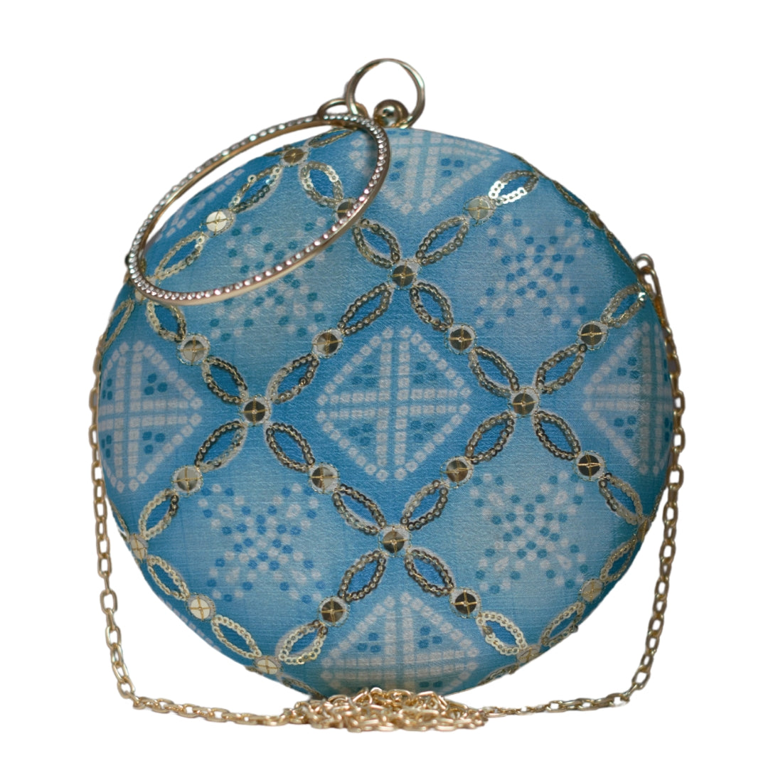 Artklim Blue And Golden Sequins Round Party Clutch