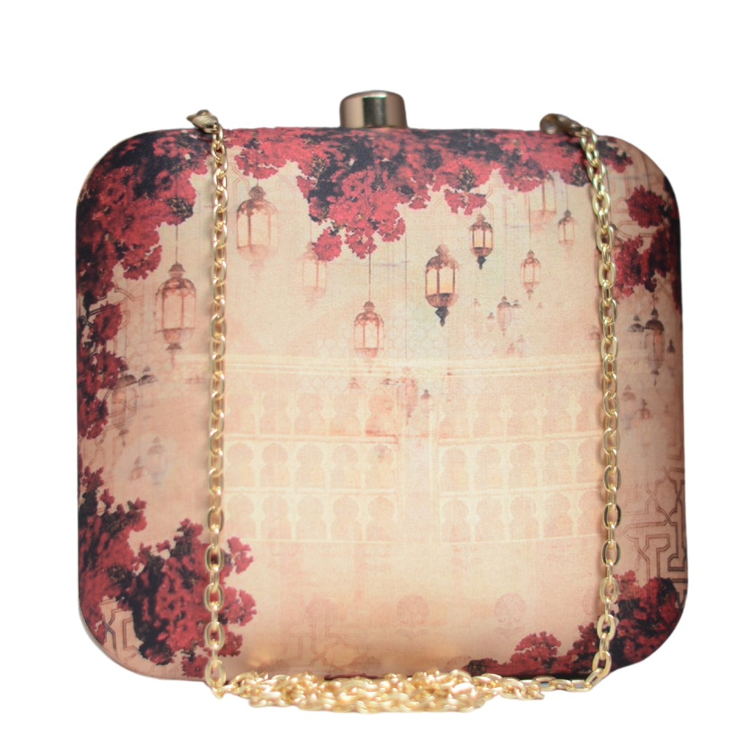 Artklim Beige And Red Floral Printed Clutch