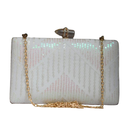 Artklim White Sequins Embroidered Party Clutch