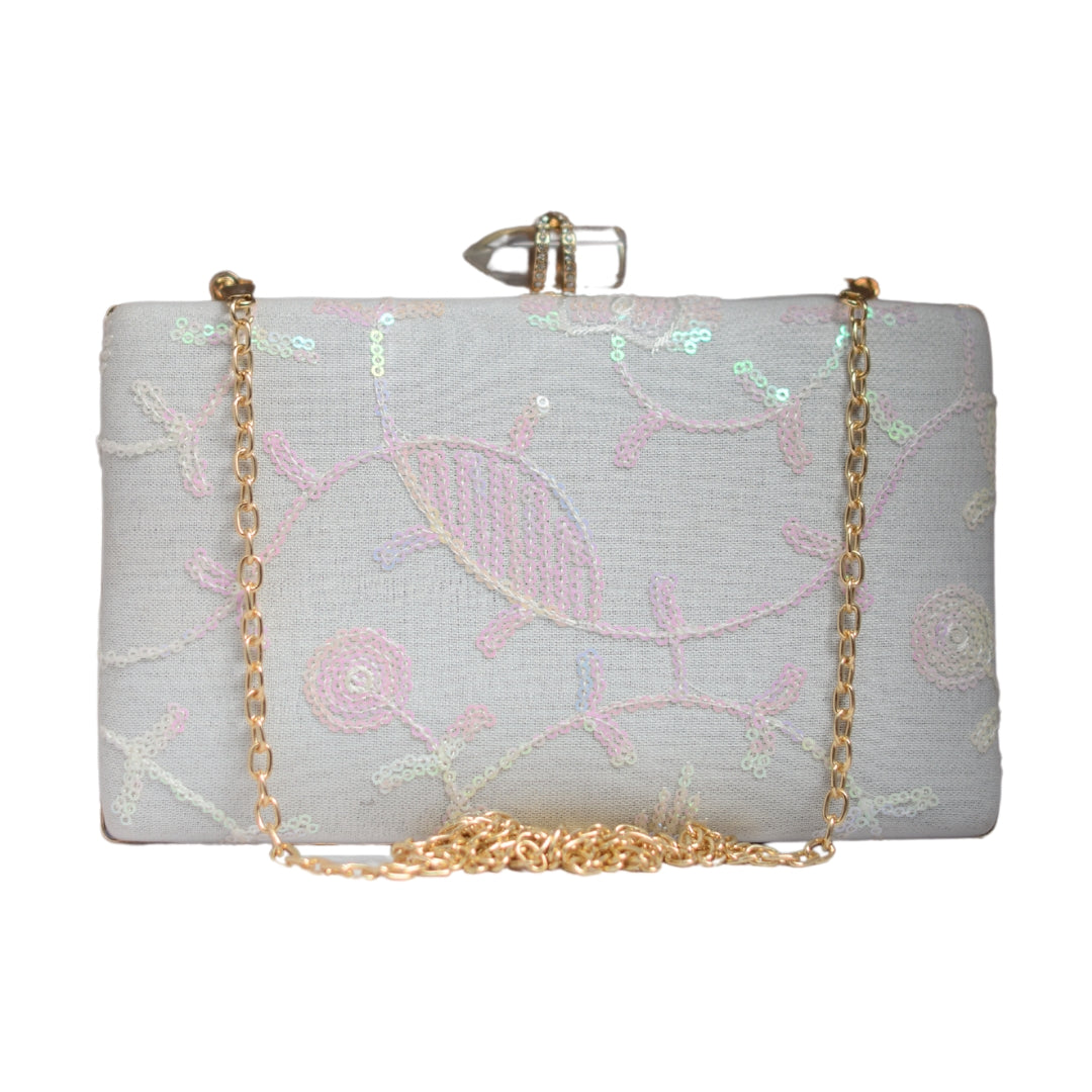 Artklim White And Pink Embroidery Party Clutch