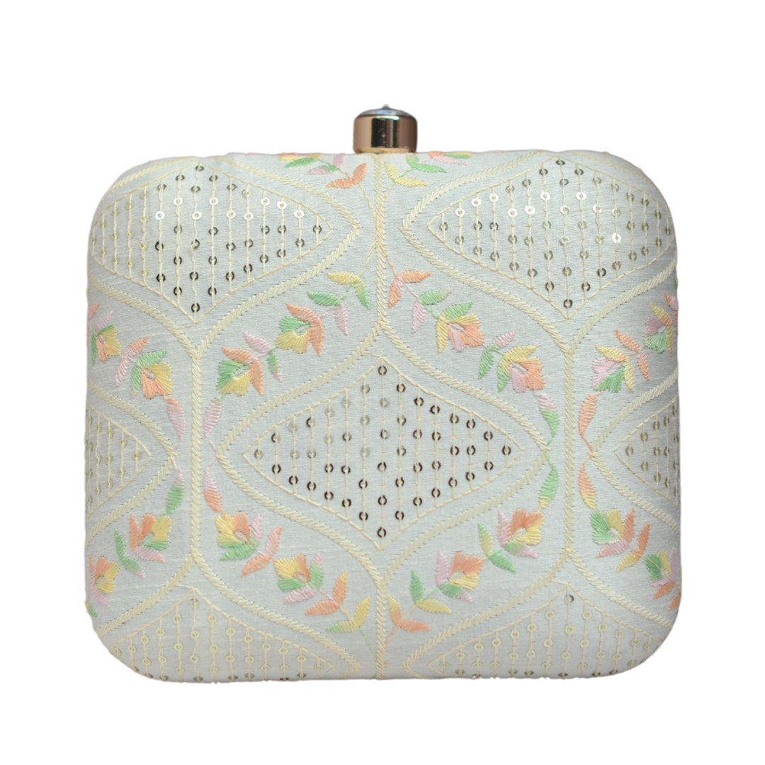 Artklim White Sequins Embroidery Party Clutch