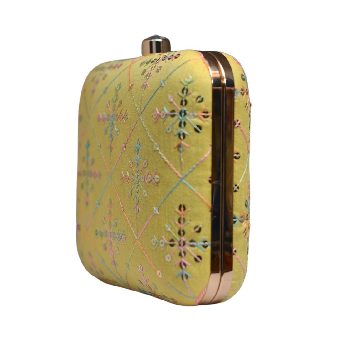 Artklim Yellow Sequins Embroidery Party Clutch