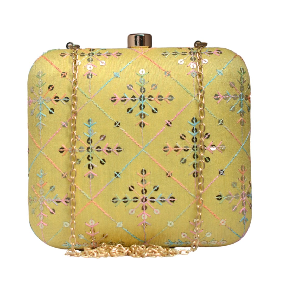 Artklim Yellow Sequins Embroidery Party Clutch