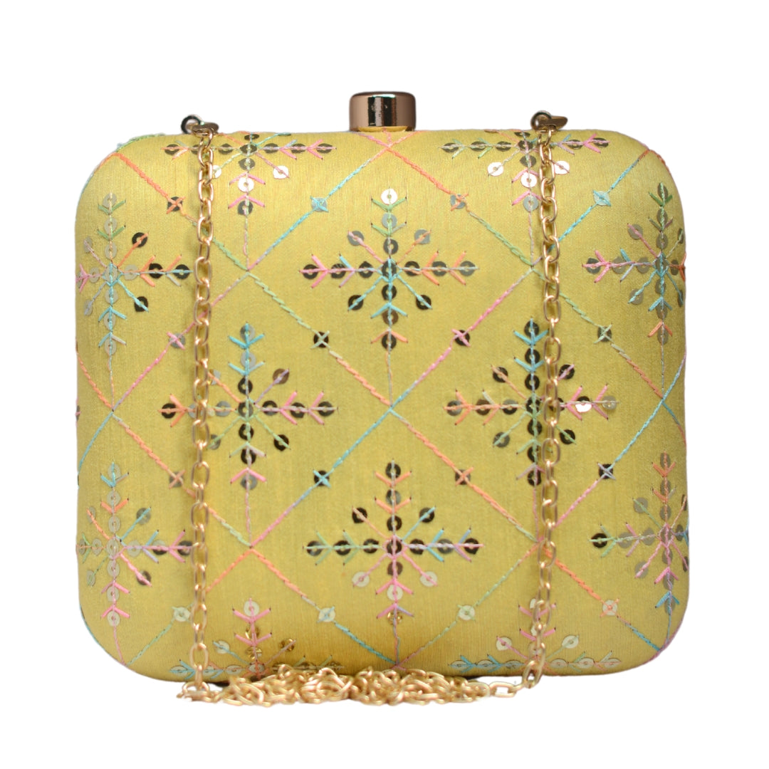 Artklim Yellow Sequins Embroidery Party Clutch