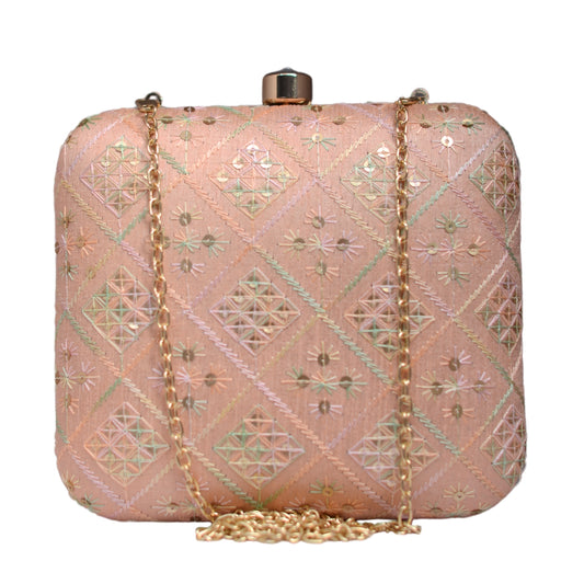 Artklim Peach Sequins Embroidery Party Clutch