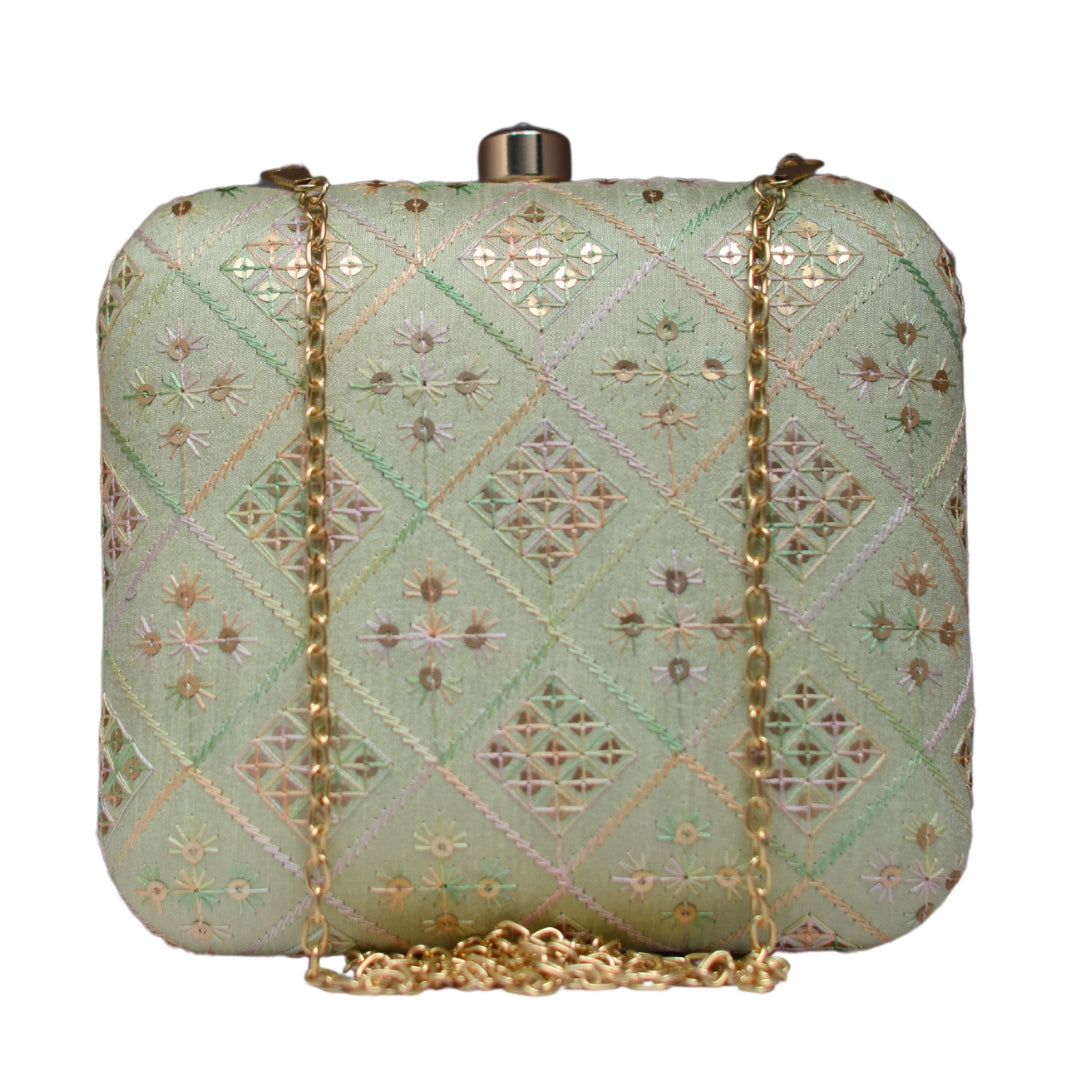 Artklim Pastel Green Embroidery Party Clutch