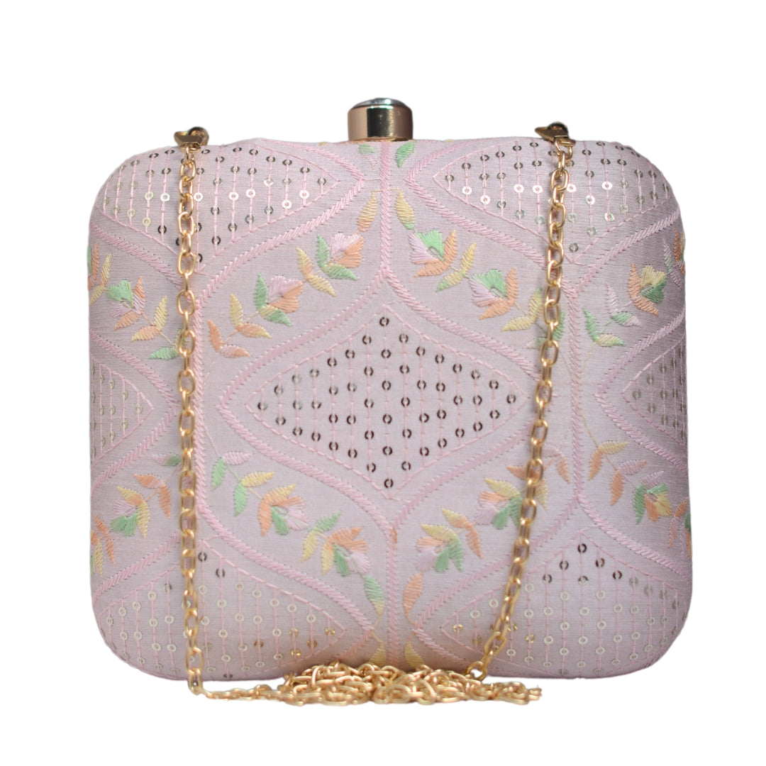 Artklim Light Pink Sequins Embroidery Party Clutch