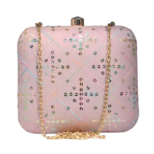 Artklim Pink Sequins Embroidery Party Clutch