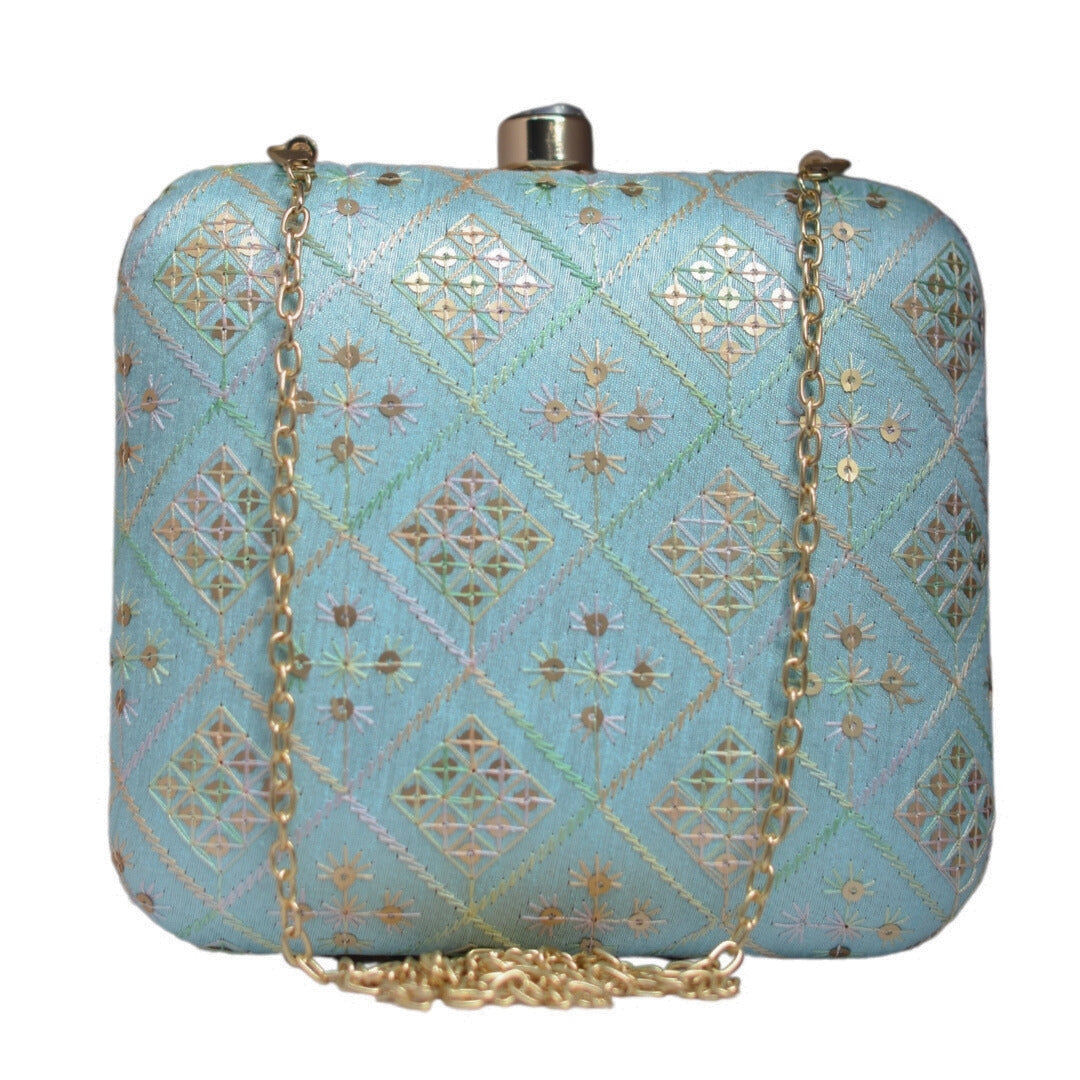 Artklim Light Blue Embroidery Party Clutch