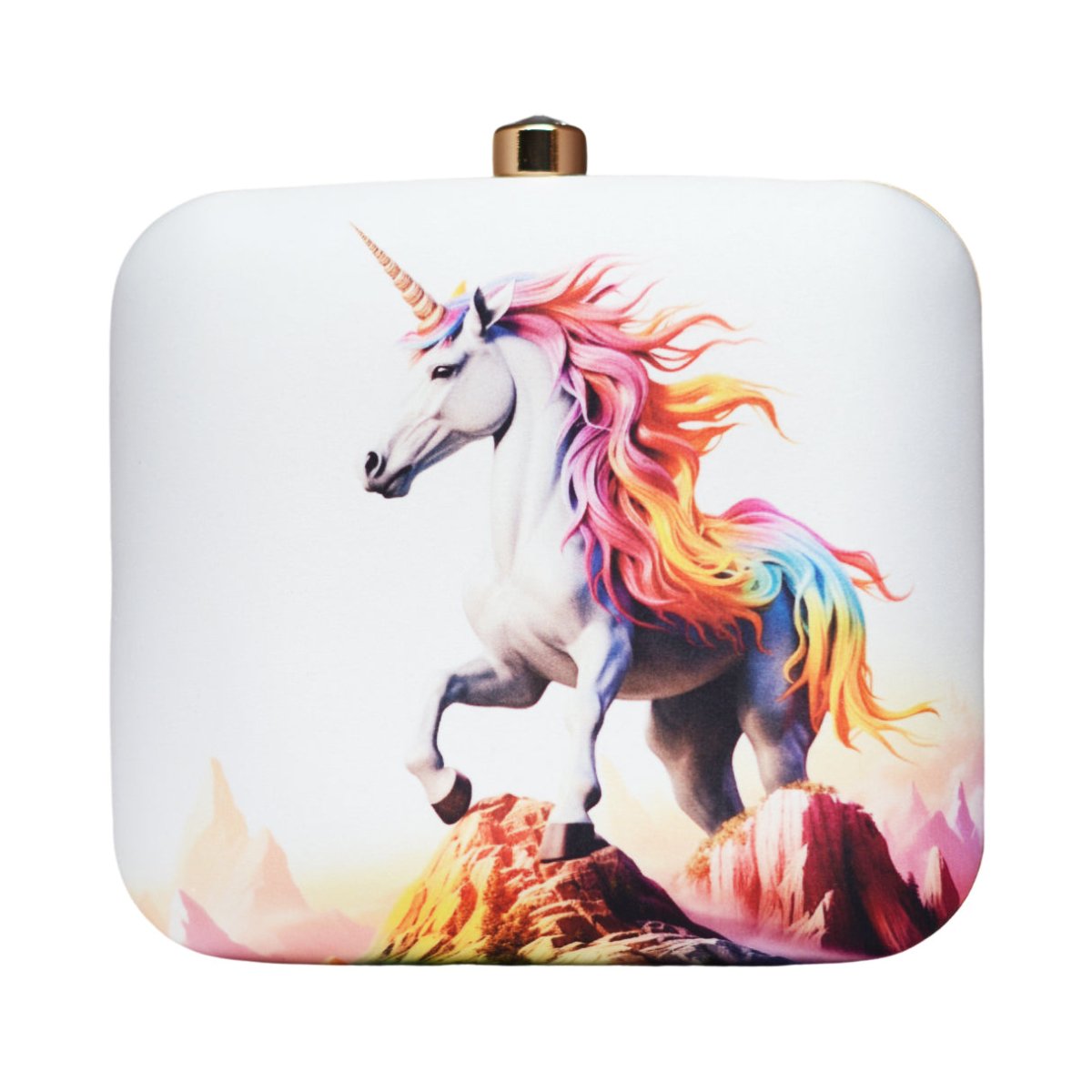 White Based Unicorn Printed Clutch