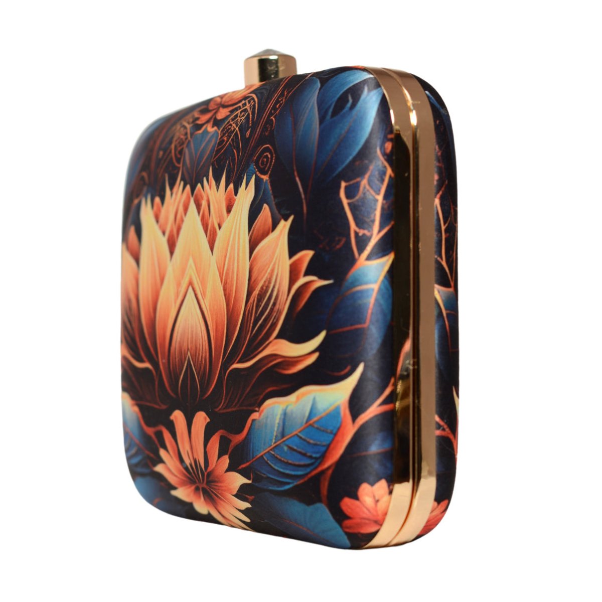 Orange Lotus Printed Clutch