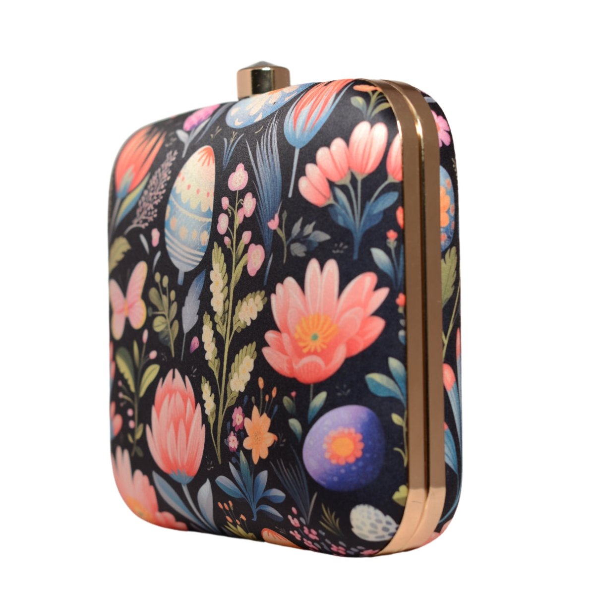 Black Based Floral Printed Clutch
