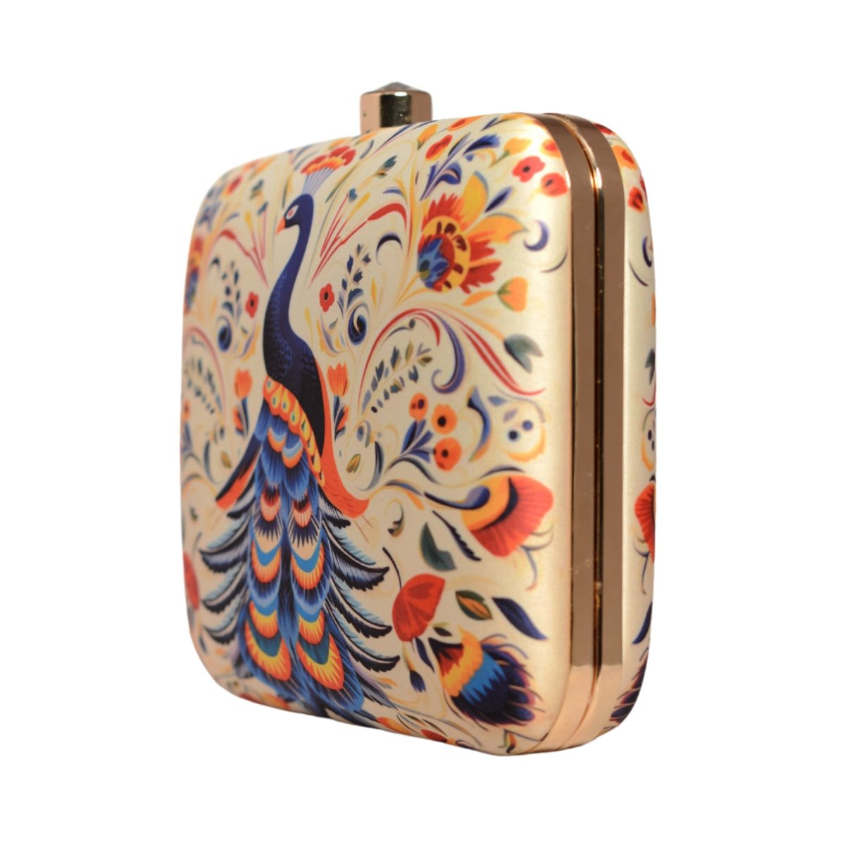 White Based Peacock Printed Clutch